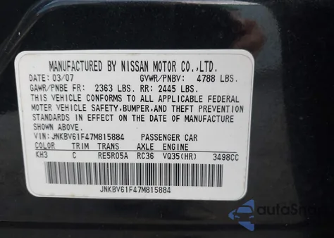 2007 Infiniti G35X z USA, uszkodzony, nr VIN JNKBV61F47M815884